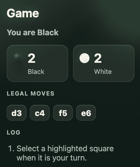 Reversi Engine UI — game panel