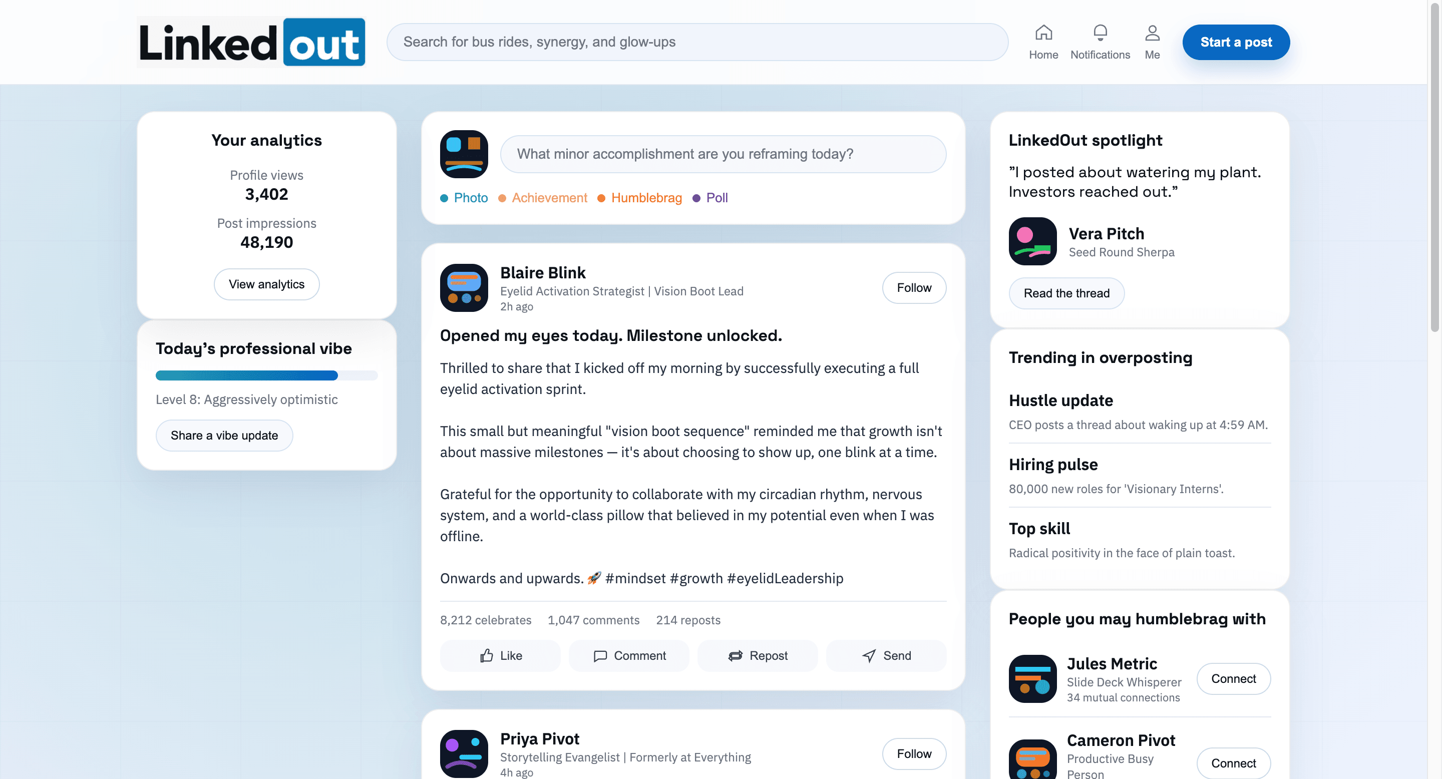 LinkedOut UI mockup showing prompt and generated post